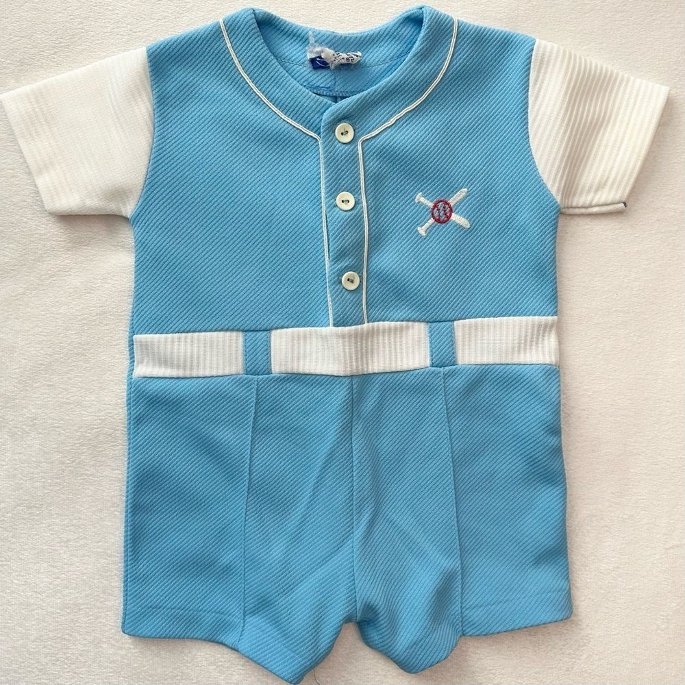 Vintage Doe-Spun Baseball Embroidered 12m Blue Baby Boys Romper Outfit one piece